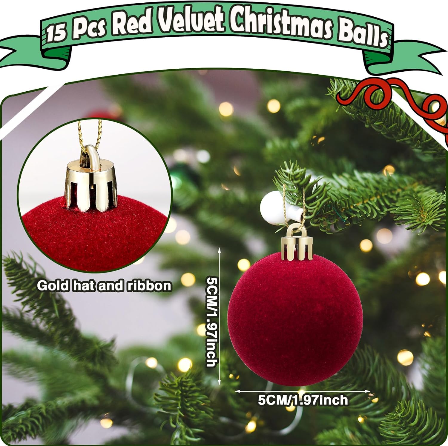 Menkxi 15 Pcs Christmas Velvet Balls 1.97 Flocked Christmas Hanging Ornaments Handmade Velvet Balls Xmas Tree Ornaments Xmas Tree Bulbs for Wedding Anniversary Party (Red)